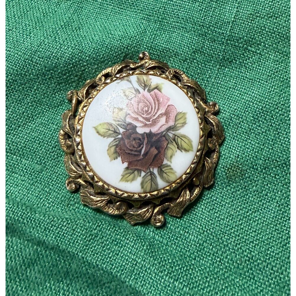 Vintage Gold Tone Porcelain Brooch, Working Clasp, From Germany